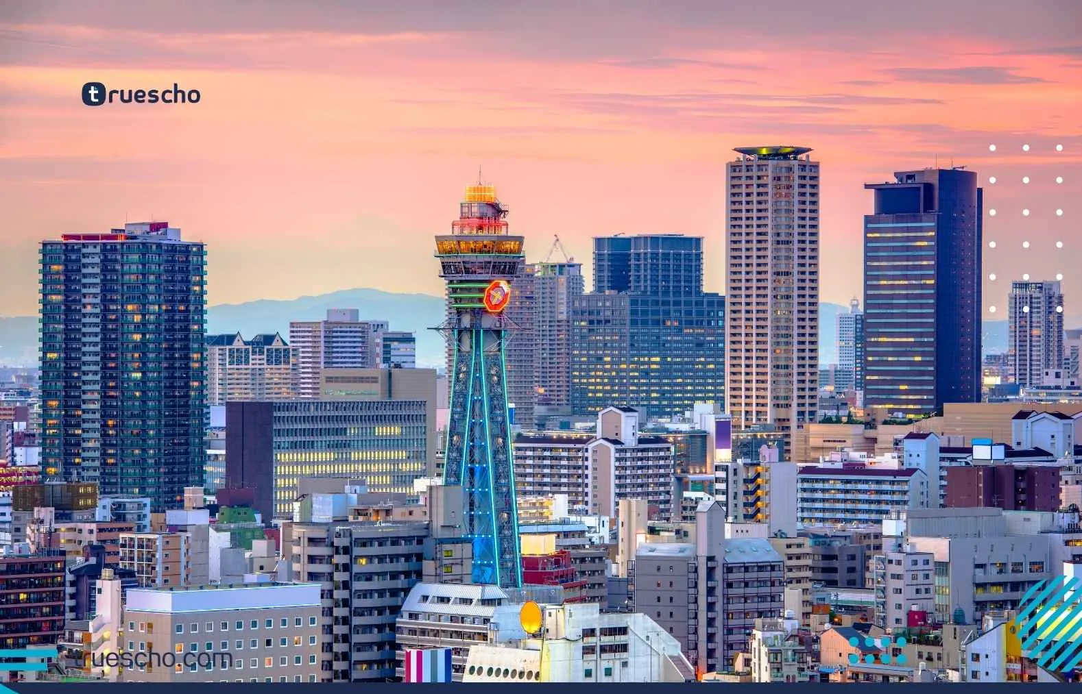 Osaka city skyline at sunset with Tsutenkaku Tower and modern high-rise buildings in Japan