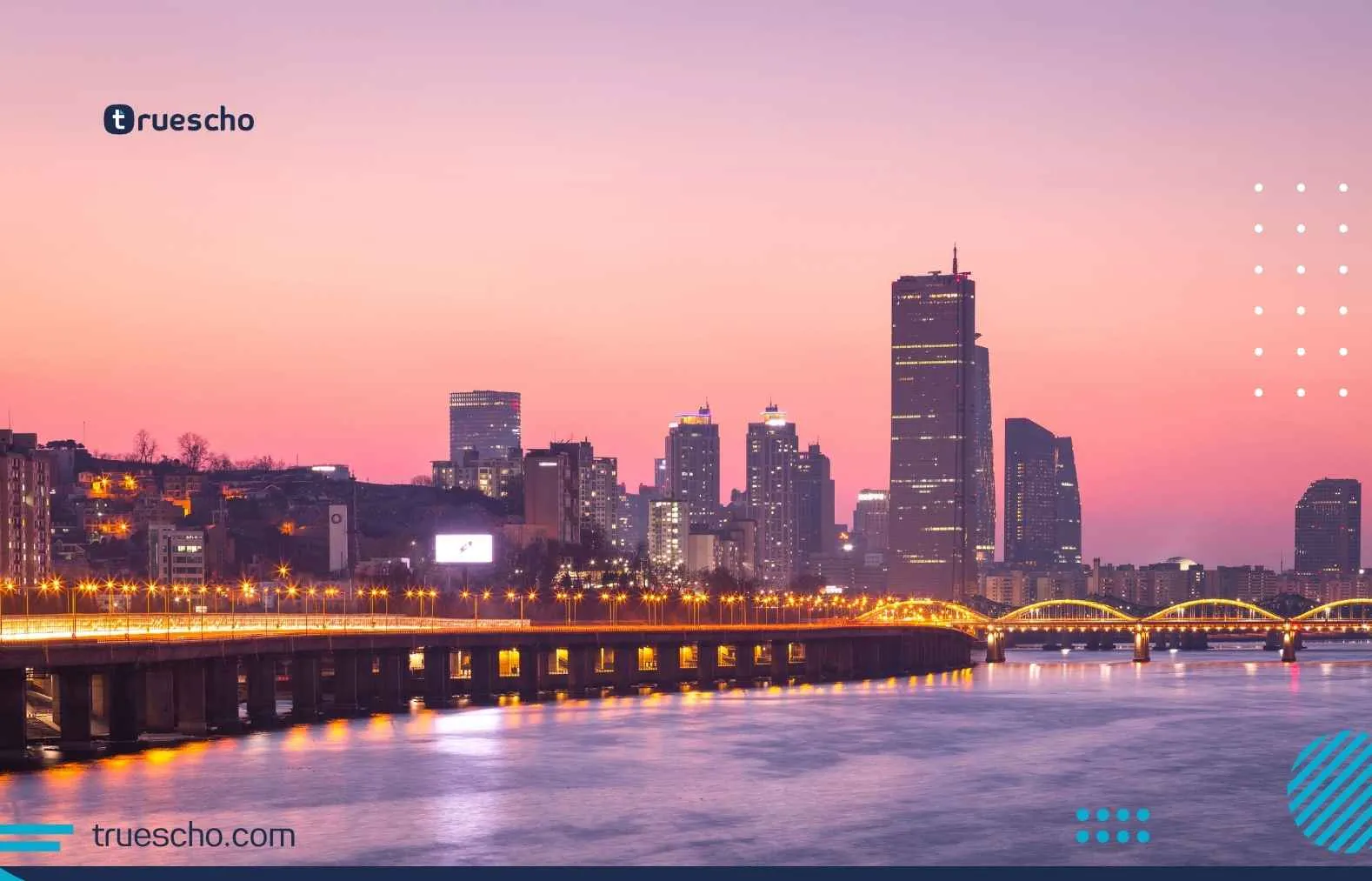 Seoul city skyline and Han River bridge at sunset in South Korea