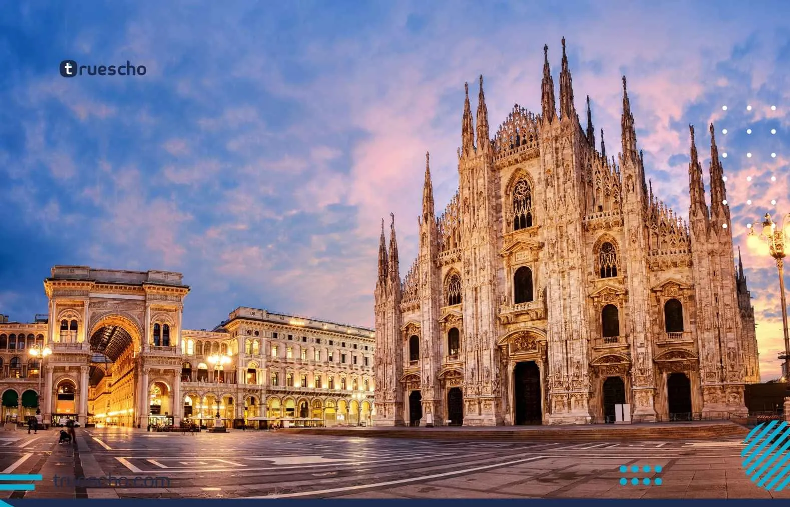 The Milan Cathedral in Italy at sunset, representing the cultural experience of volunteering in Italy