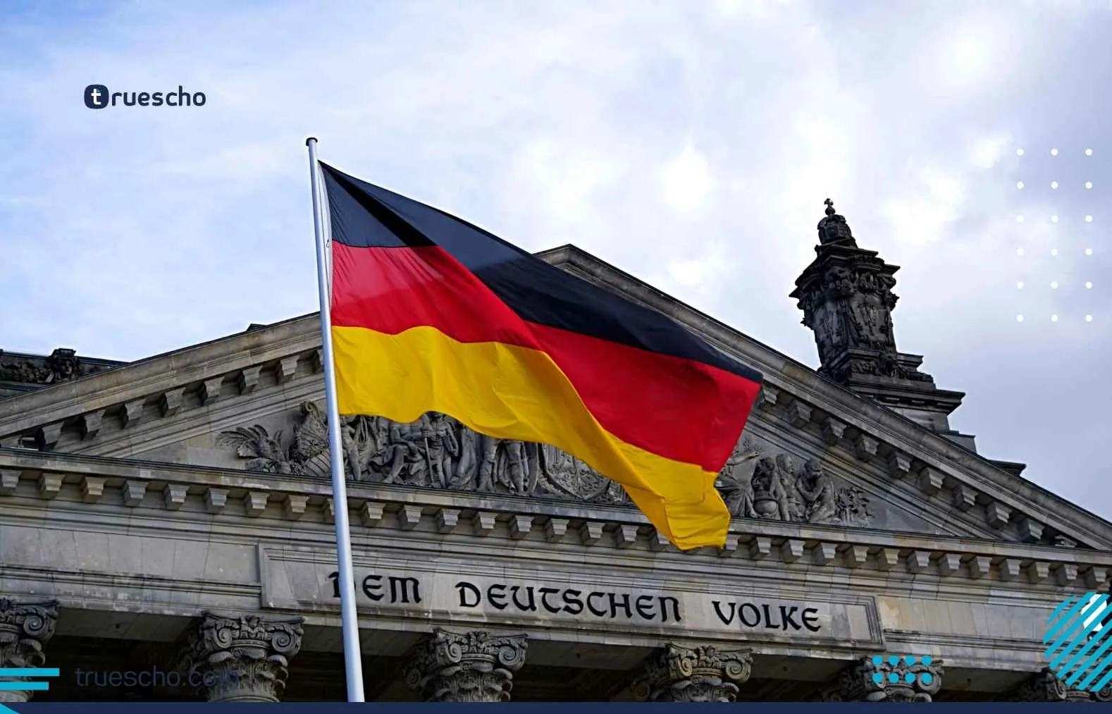 German flag waving in front of the historic Reichstag building in Berlin, Germany