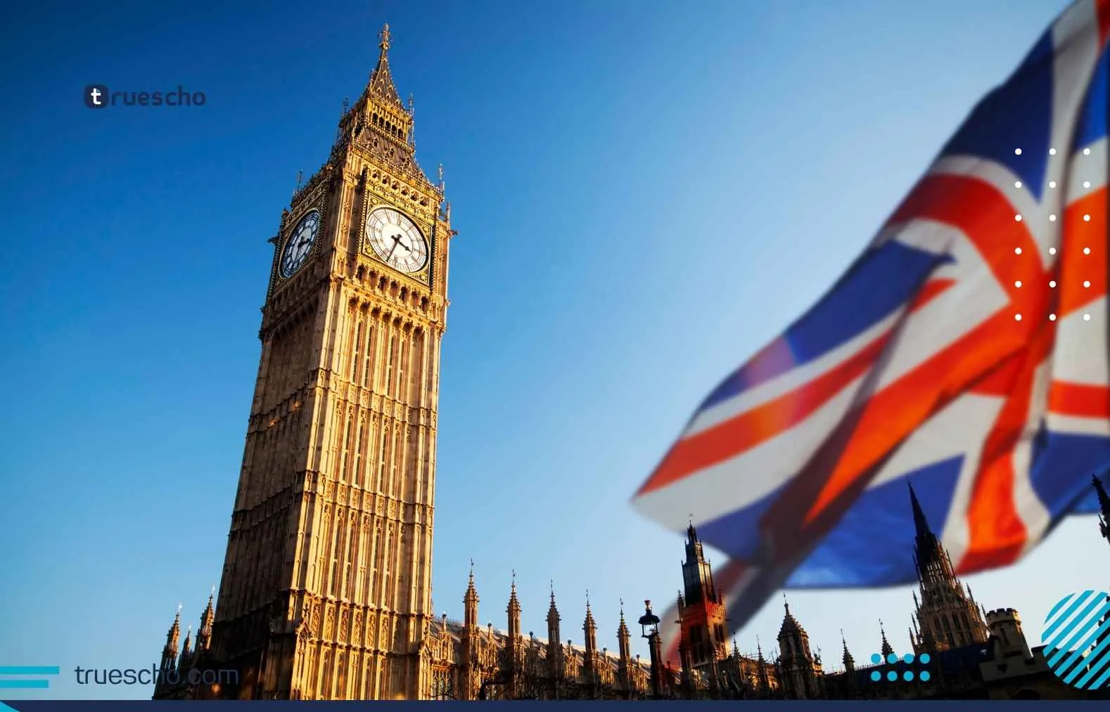 Big Ben and the UK flag representing study opportunities at Queen&rsquo;s University Belfast for international students.